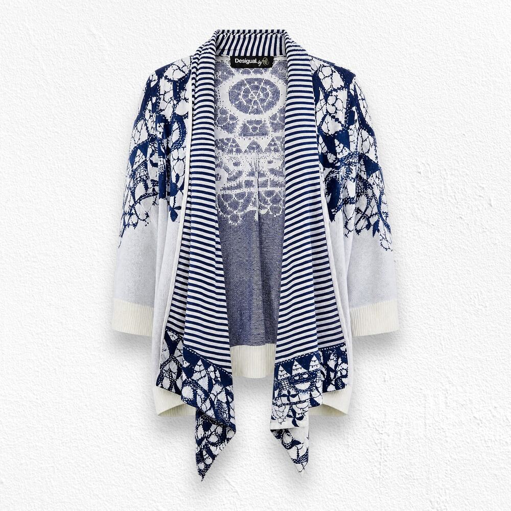 Desigual Christian Lacroix Blue White Waterfall Open Front Cardigan Size Large